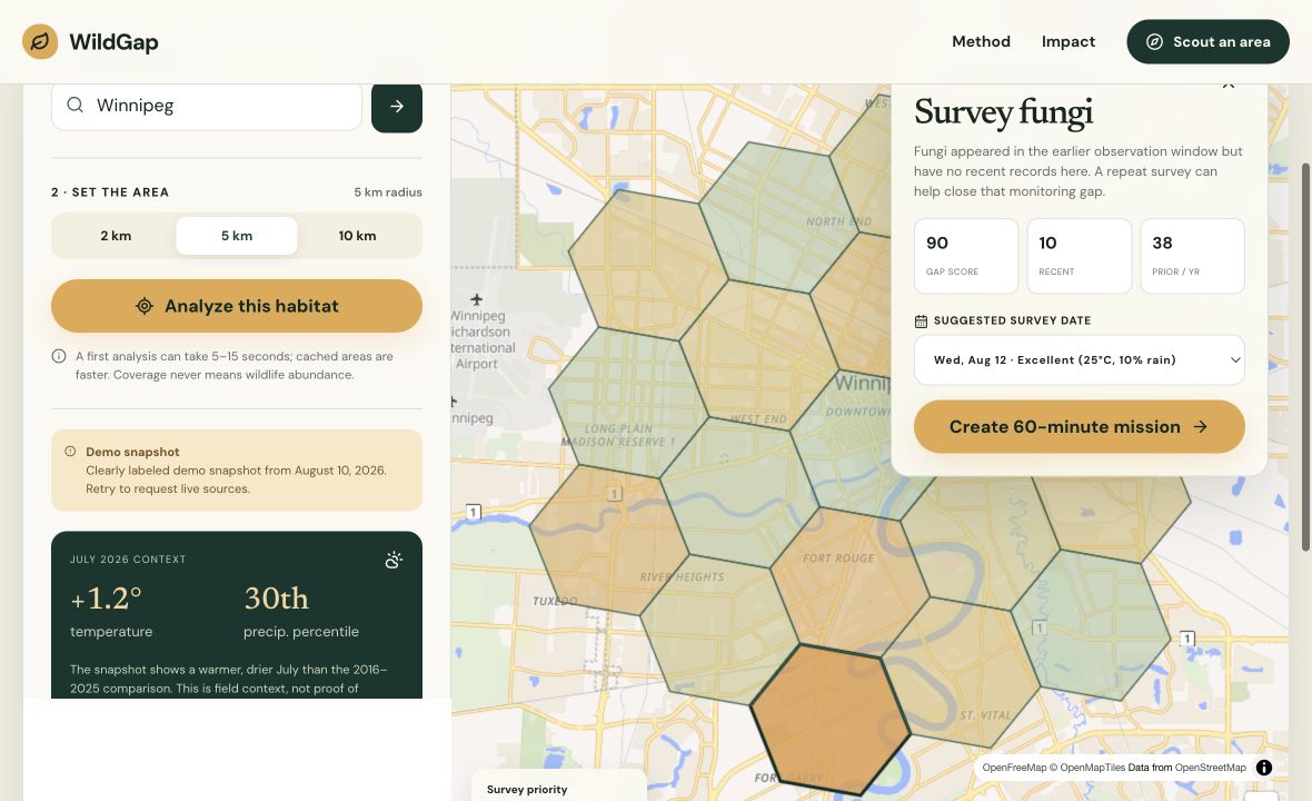 WildGap's Winnipeg survey-priority map with a fungi mission selected